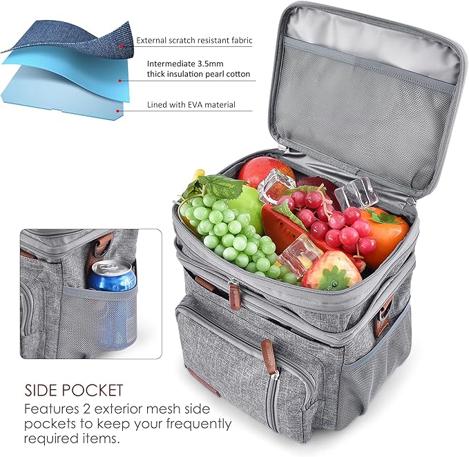 MIYCOO Lunch Bag for Women Men Double Deck Lunch Box - Leakproof Insulated Soft Large Adult Lunch Cooler Bag for Work, (Grey,15L)