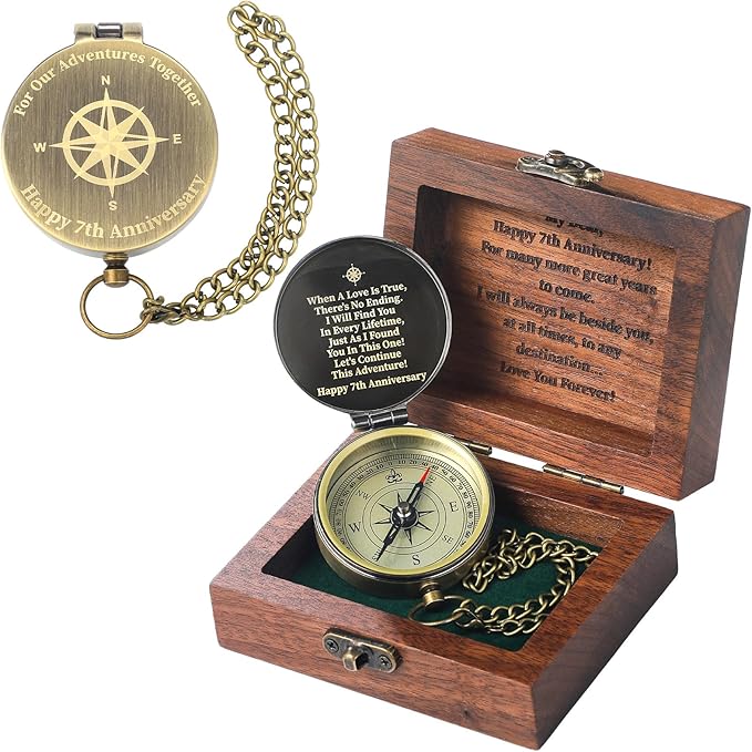 7 Year Anniversary Keepsake Gift for Him Her Engraving Quote Compass with Black Walnut Box 7th Anniversary Wedding Engagement Copper Gifts Couples Gifts for Men Women Husband Wife