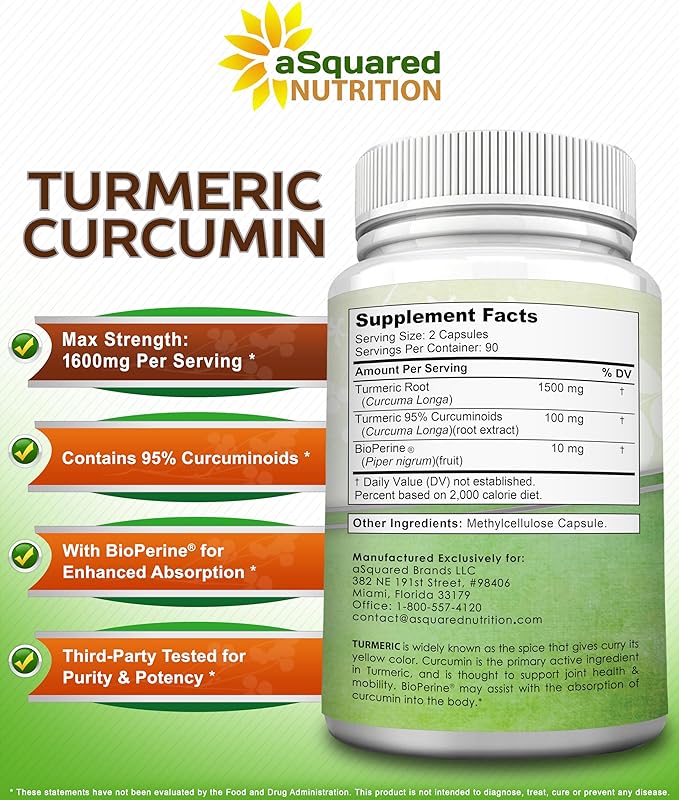 aSquared Nutrition Turmeric Curcumin 1600mg with BioPerine Black Pepper Extract - 180 Capsules with 95% Curcuminoids, 100% Natural Tumeric Root Powder Supplements, Natural Joint Stiffness Relief Pills