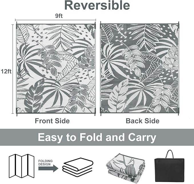 Anidaroel Patio Rugs Outdoor 9x12 Clearance Waterproof, Reversible Camping Rugs for Outside RV, Tropical Plastic Straw Outside Area Rugs for Camping, Backyard, Pool Deck, Trailer(9'x12')