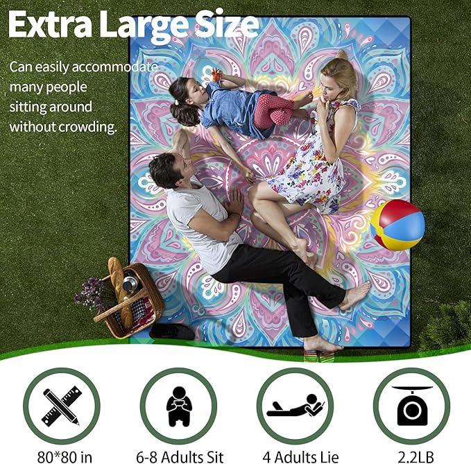 Picnic Blankets 80x80 Beachy Blanket Excersize Yogamat with Bag Womens Mens Travel Kit Camping Needs RV Decorations Long Car Road Trips Organizers Vacation Storage Gifts for Toddlers Friends