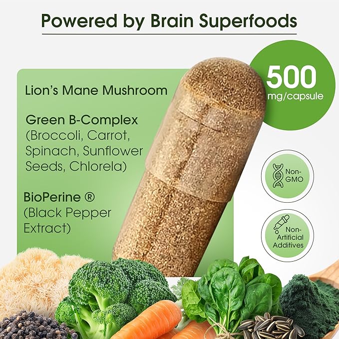 Cognitive Rescue, Lion's Mane Mushroom Capsules w/Lion's Mane Dual Extract, Nootropics, Brain Supplement for Memory and Focus, Mushroom Immune Support w/B Vitamins Complex, BioPerine, 60 Capsules