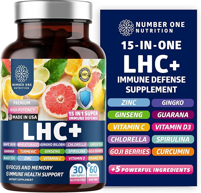 N1N LHC+ 15-in-1 Immune Support Supplement with Spirulina, Turmeric, Ginseng, Guarana, Vitamin D and Vitamin C for Immunity, Energy and Long-Haul Relief, 60 Veg Caps, Bottle Color May Vary