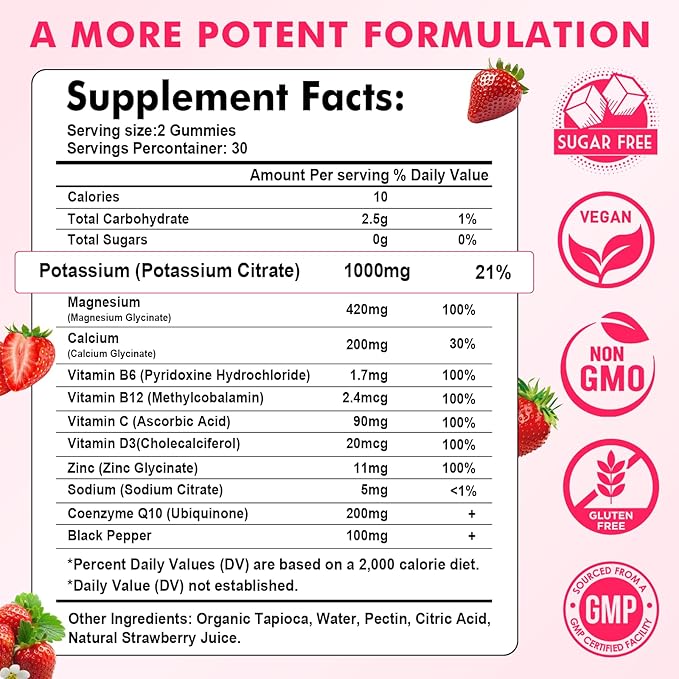 Potassium Magnesium Gummies, High Absorption Magnesium Potassium Supplement with Vitamin B6 for Leg Cramps & Muscle Health, Strawberry, 60 Count