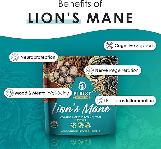 Lion’s Mane Powder - Organic Lions Mane Mushroom Extract for Cognitive & Nervous System Support - Brain Supplements for Memory and Focus 60g