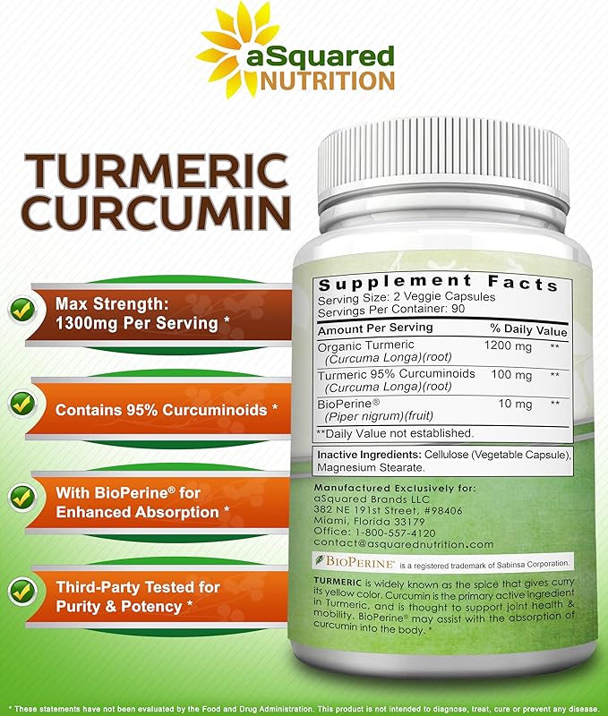 aSquared Nutrition Turmeric Curcumin 1300mg with BioPerine Black Pepper Extract - 180 Capsules - with 95% Curcuminoids, 100% Natural Tumeric Root Powder Supplements, Pure & Joint Stiffness Pills