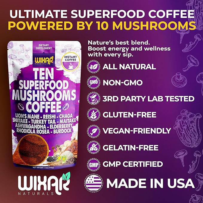WIXAR Superfood Mushroom Coffee - Instant Coffee Powder, Ten Superfood Extracts with Lion's Mane, Turkey Tail, Reishi, Chaga, Shiitake, Ashwagandha, Rhodiola Rosea, Elderberry, 5oz Mushroom Supplement