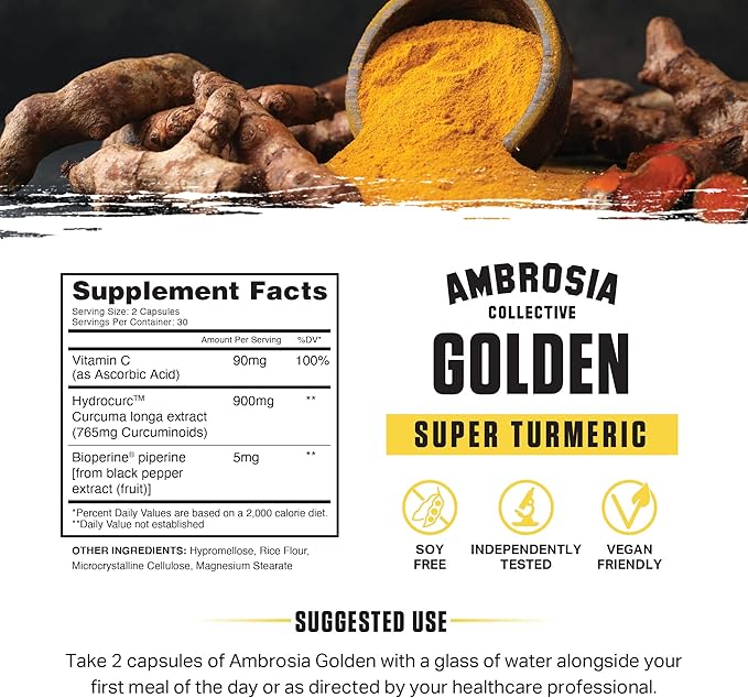 Ambrosia Golden Super Turmeric | Bioavailable Curcumin | Support Healthy Gut & Brain Health | Joint Support | 765mg of Active Curcuminoids | 60 Veggie Capsules (30 Day Supply)