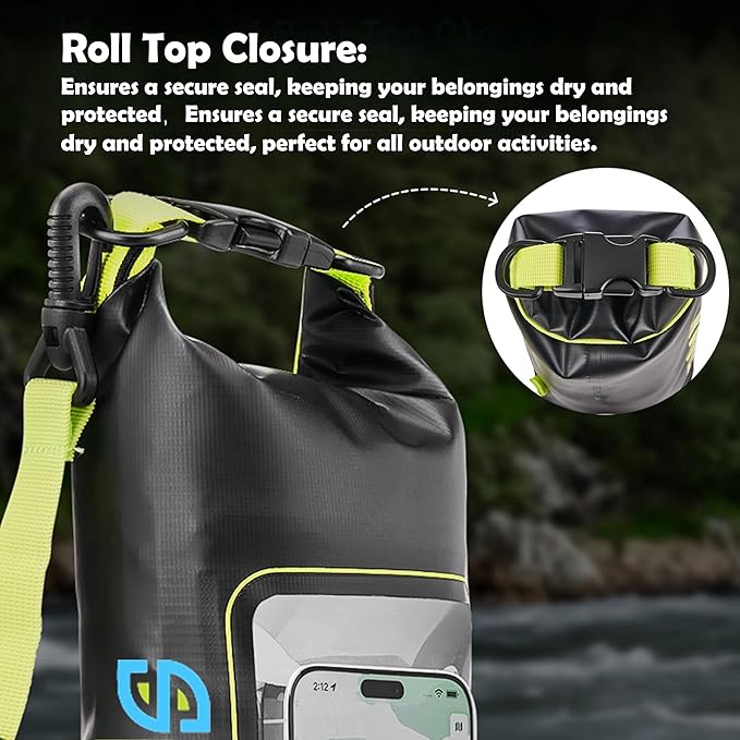2L Waterproof Dry Bag - Multifunctional Waterproof Dry Pouch for Phone and Valuables - Essential for Outdoor Travel, Beach, Swimming, Boating, Camping (Black/Green)
