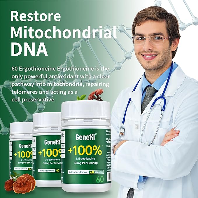 L-Ergothioneine Supplement, 30mg(EGT)/Serving, 6X Ergothioneine Mushroom Extract Supplements Longevity, Immune Support, Heart Health & Brain Supplement, Lab Tested, Made in USA, 60 Servings