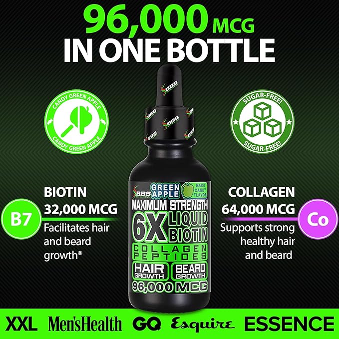 MAXIMUM STRENGTH Biotin 96,000mcg Collagen Peptides LIQUID Collagen for Men Hair Growth & Beard Growth Supplement with 6X More Absorption vs Competitor Vitamins, Serum, or Pills (2 OZ) made by BBS USA