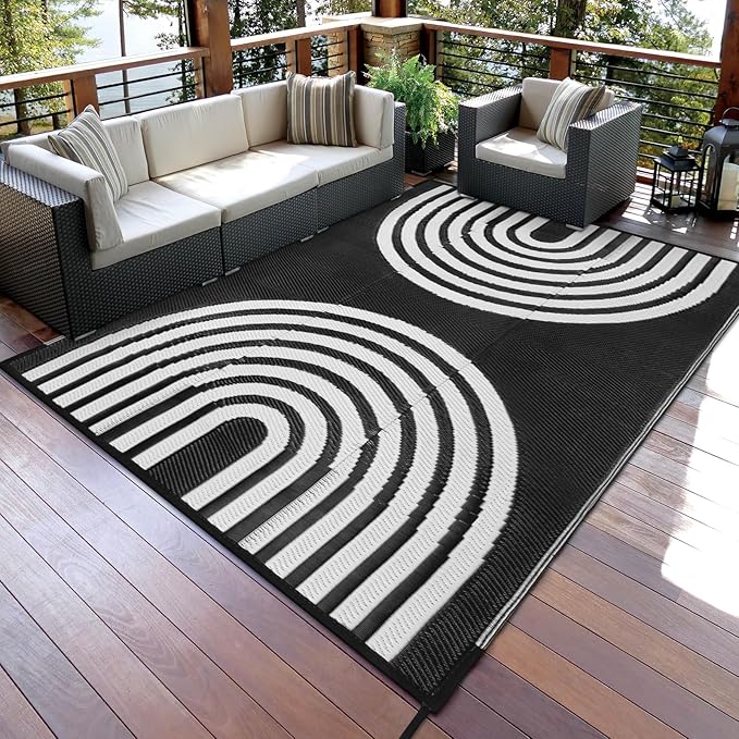 Anidaroel Outdoor Area Rug for Patio Clearance 8x10ft Waterproof, Reversible Plastic Straw Rug Outside Rug, RV Mat for Camping, Porch, Balcony, Pool Deck(Black&White, 8‘x10')