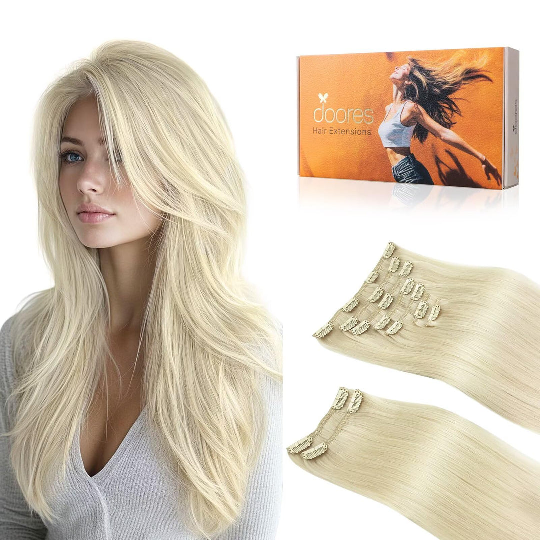 Doores Human Hair Extensions, Platinum Blonde 24 Inch 9Pcs 150G, Hair Extensions Real Human Hair Clip Ins Extensions For Women C