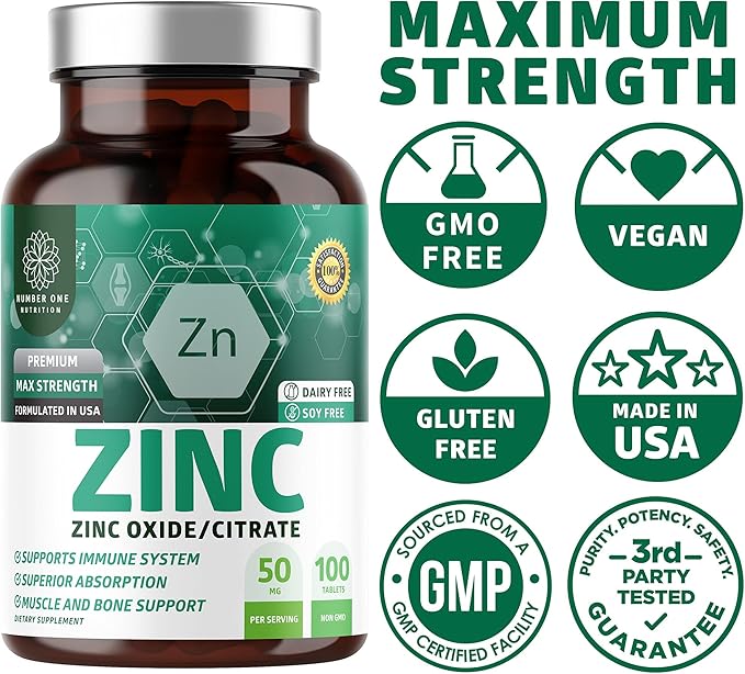 N1N Premium Zinc 50mg [3X Absorption, Vegan] All Natural Zinc Oxide and Citrate Supplement for Immune Support, Skin Health and Better Digestion, 100 Tablets
