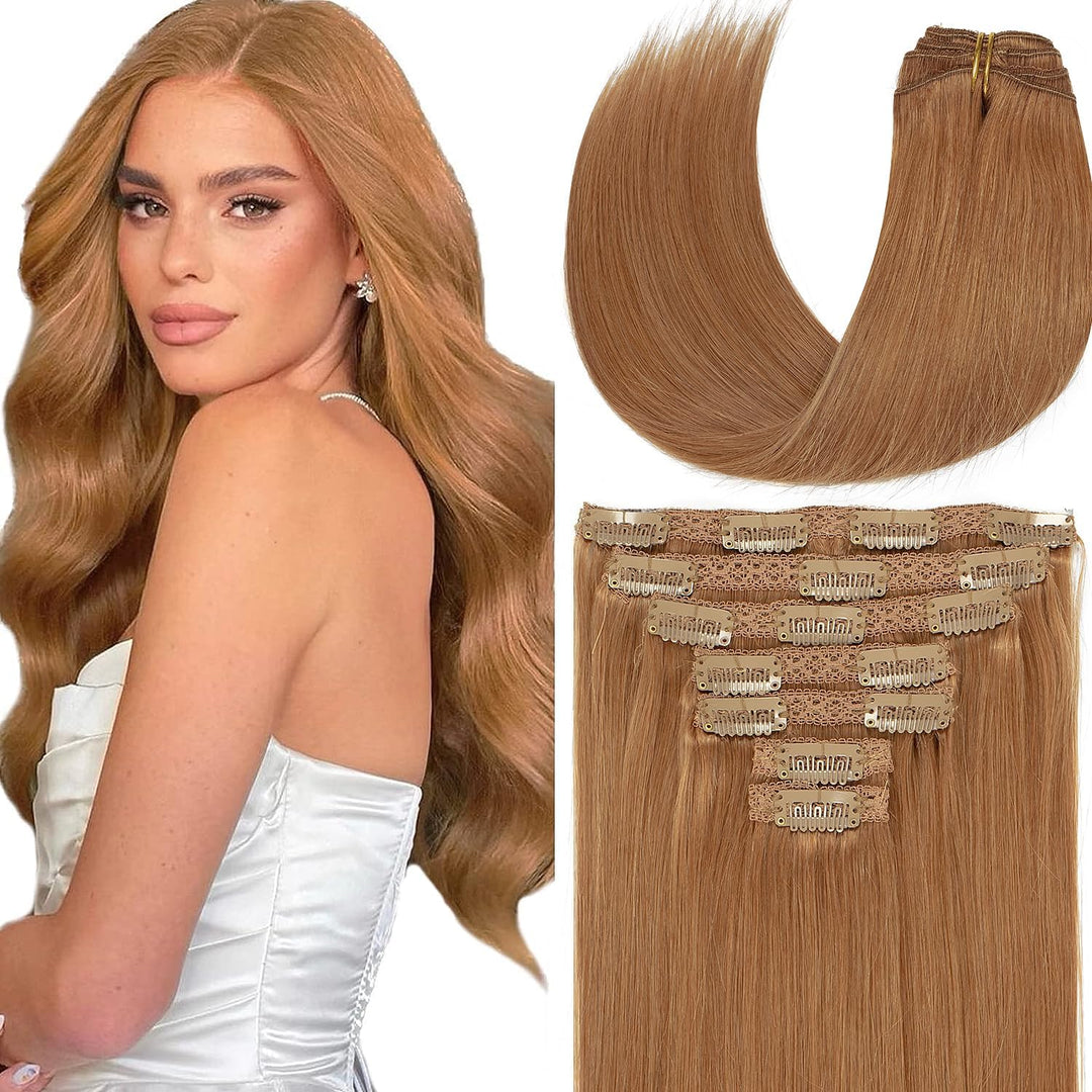 Loxxy Hair Extensions Clip in Human Hair Natural Auburn Brown Double Weft Invisible Lace Clip in Human Hair Extensions Thick ends Seamless Hair Extensions Clip in 16inch with 16 Clips #30