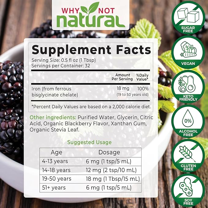 Why Not Natural Liquid Iron Supplement for Women, Men and Kids, Vegan Formulation for Anemia, Sugar Free, Vegan, Non-GMO, Organic BlackBerry Flavor 16 Fl Oz