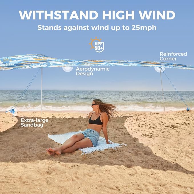 WEKAPO Beach Tent Sun Shelter - Easy Setup Beach Canopy with 4 Sturdy Poles, Extra Large Sandbags and Shovel, 7'8'' Tall, Windproof Sun Shade for Backyard and Camping, UPF 50+ Protection
