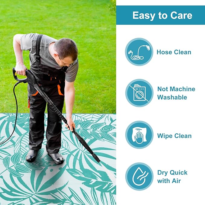 Anidaroel Leaf Outdoor Rugs 8x10ft for Patios Clearance Waterproof, Reversible Tropical Plastic Straw Camping Mat Outside Area Rug for RV, Backyard, Deck, Balcony, Picnic, Beach(Blue,8'x10')