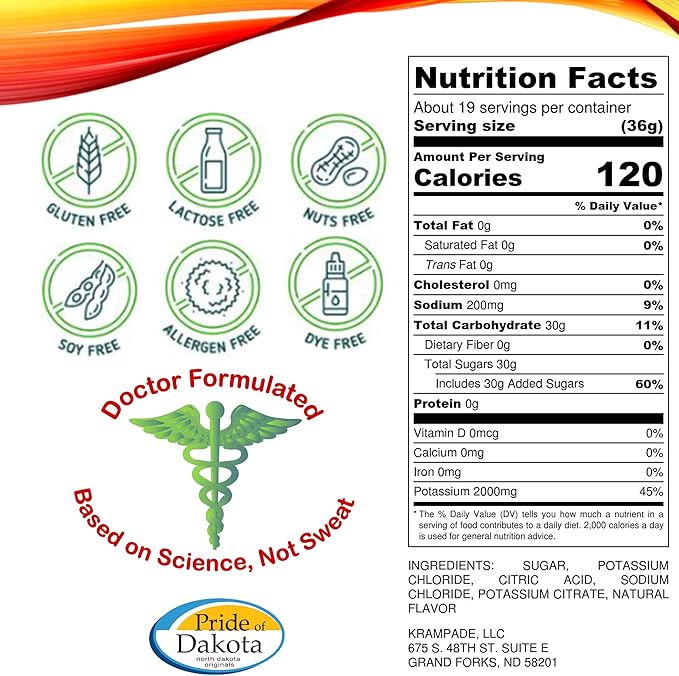 Electrolytes Powder Potassium Supplement - 2000 mg K+, >2X More Than Coconut Water | Cramp Relief and Prevention | Hydration Powder