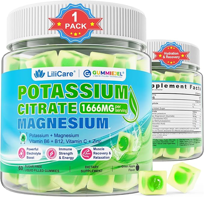 Potassium Citrate Gummies 1666mg for Adults - Potassium Supplement, Magnesium Glycinate, Zinc, B6, B12 & C – Electrolyte Gummies for Energy, Muscle Recovery & Leg Cramps, Sugar-Free, Vegan 60 Cts