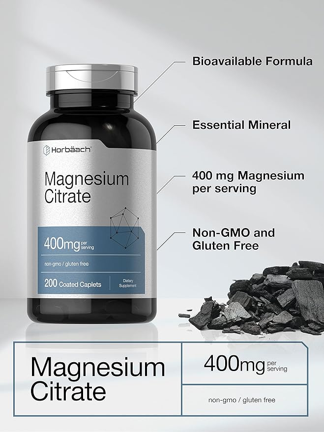 Horbäach Magnesium Citrate | 400mg | 200 Caplets | Vegetarian, Non-GMO, and Gluten Free Supplement