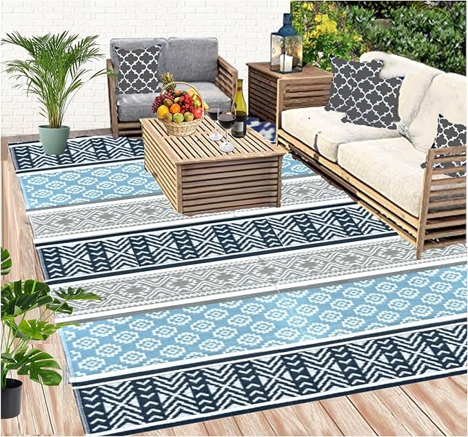 BalajeesUSA Outdoor Plastic Patio Rugs – 6x9, Grey, Teal, Durable and Affordable Multipurpose Woven Plastic Straw Recycled All-Weather and Waterproof Rug Reversible Camper Mats 7018