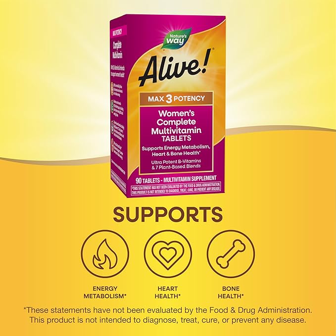 Nature's Way Alive! Max3 Potency Women's Complete Multivitamin, Supports Energy Metabolism, Heart & Bone Health*, with B-Vitamins Including Methylated B12 and Folate, 90 Tablets