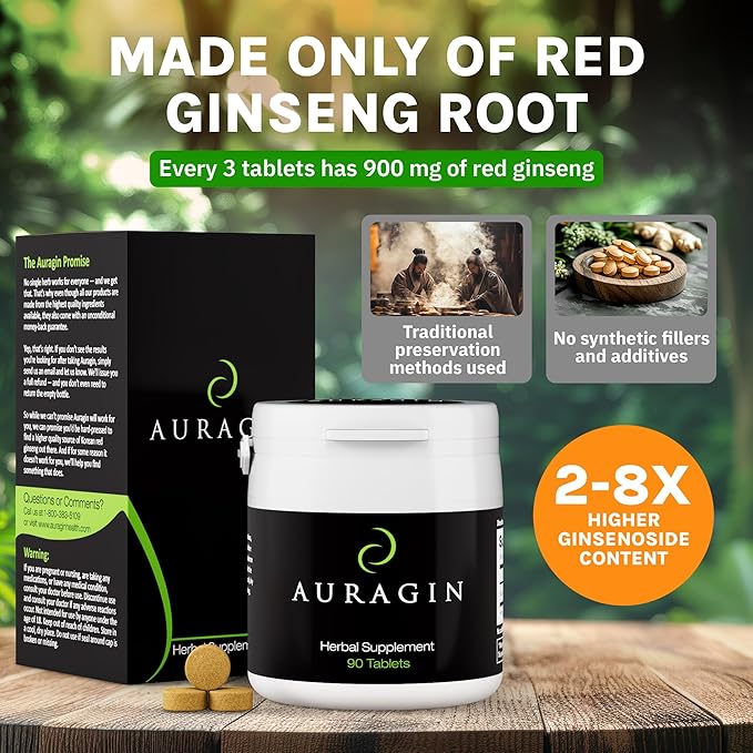 Auragin® Authentic Korean Red Ginseng – Made in Korea – 6 Year Roots – No Additives or Other Ingredients – 100% Red Panax Ginseng in Every Tablet
