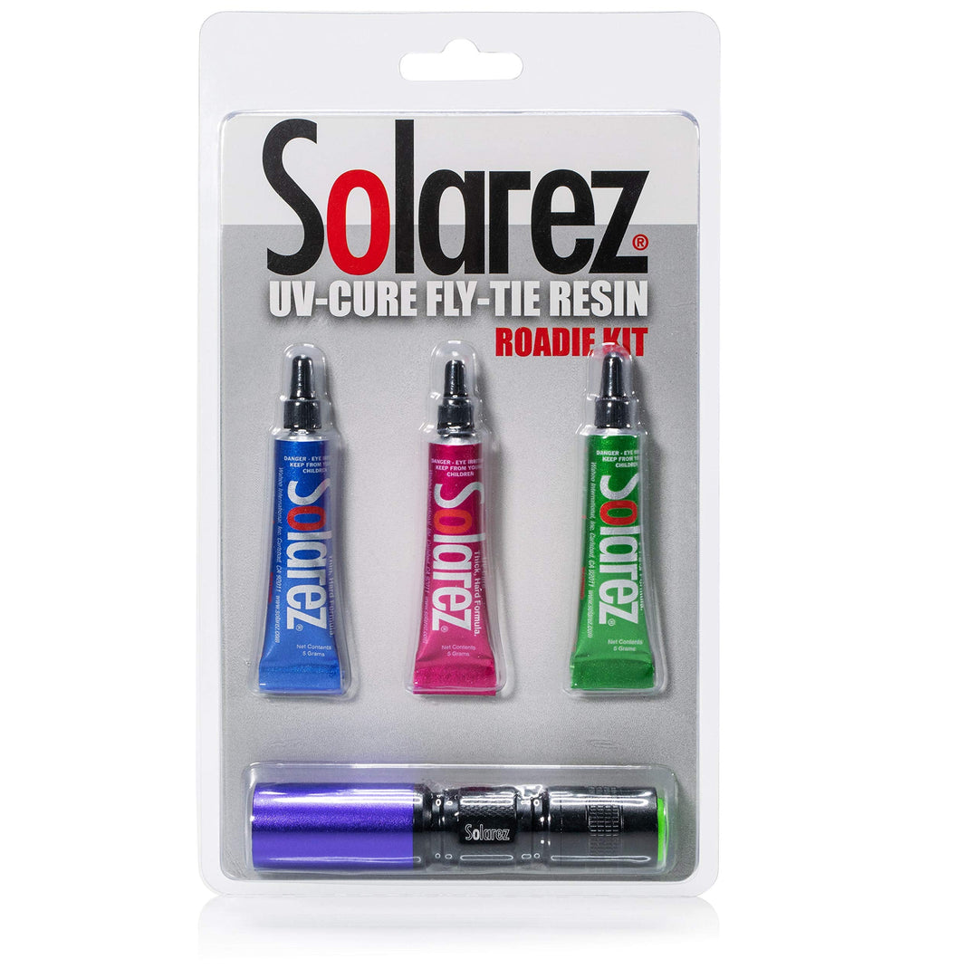 SOLAREZ Fly Tie UV Cure Resin - Roadie Kit - Thin Hard, Thick Hard, Flex Formulas (Three 5 Gram Tubes with UV Flashlight) Fly Tying, Fly Fishing, Build Fly Heads and Bodies - Made in The USA