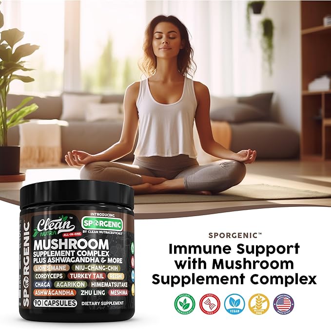 Organic Mushroom Supplement | Ashwagandha Lions Mane Cordyceps Turkey Tail Reishi Mushrooms Maca Root Black Hoof Chaga Tremella Agarikon Shiitake Oyster Powder Capsules Sporgenic by Clean Nutra (1)