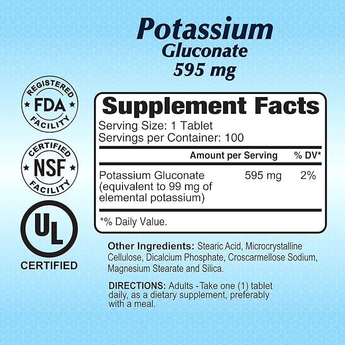 Potassium Gluconate 595 Mg by Alfa Vitamins - Supports Heart Function & Promotes Muscle acitvity - 100 Tablets