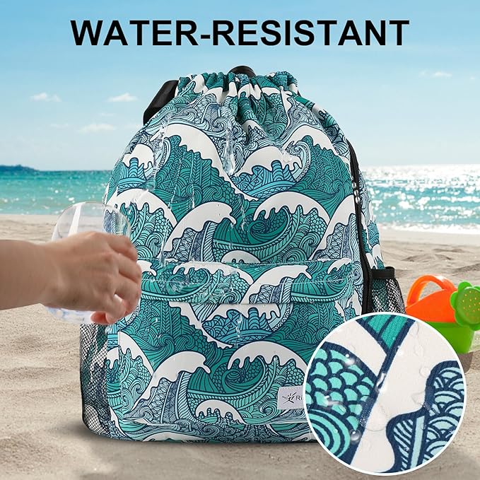 Drawstring Backpack with Mesh Pockets String Gym Bag Sackpack Sandproof Water Resistant Beach Backpack for Men Women