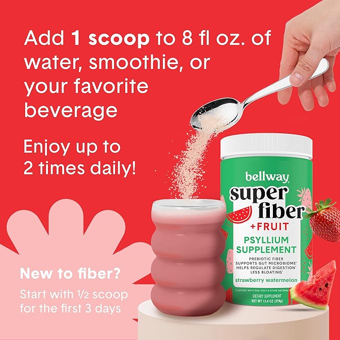 Bellway Super Fiber Powder + Fruit, Sugar Free Organic Psyllium Husk Powder Fiber Supplement for Regularity, Bloating Relief & Gut Health, Non-GMO, Plant-Based, Strawberry Watermelon (50 Servings)