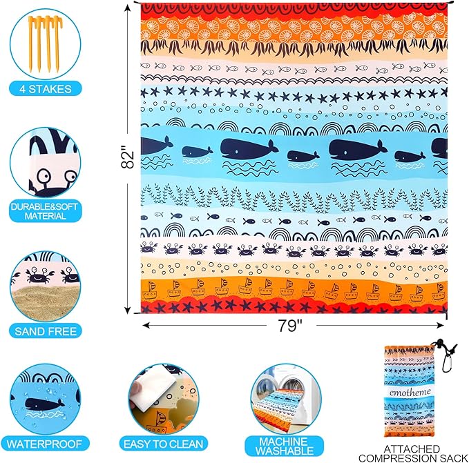 Beach Blanket, Sandproof Beach Mat 79" X 82" for 4-7 Adults, Large Waterproof Beach Blanket Quick Drying Lightweight Beach Blanket with 4 Stakes for Travel Camping Hiking (Sea World)