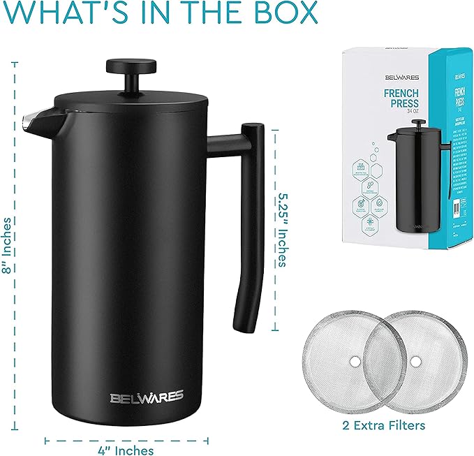 French Press Coffee Maker 34 Oz - Insulated Coffee Press Stainless Steel 304 - Double Wall & 4 Level Filtration System (1 Liter) - Black