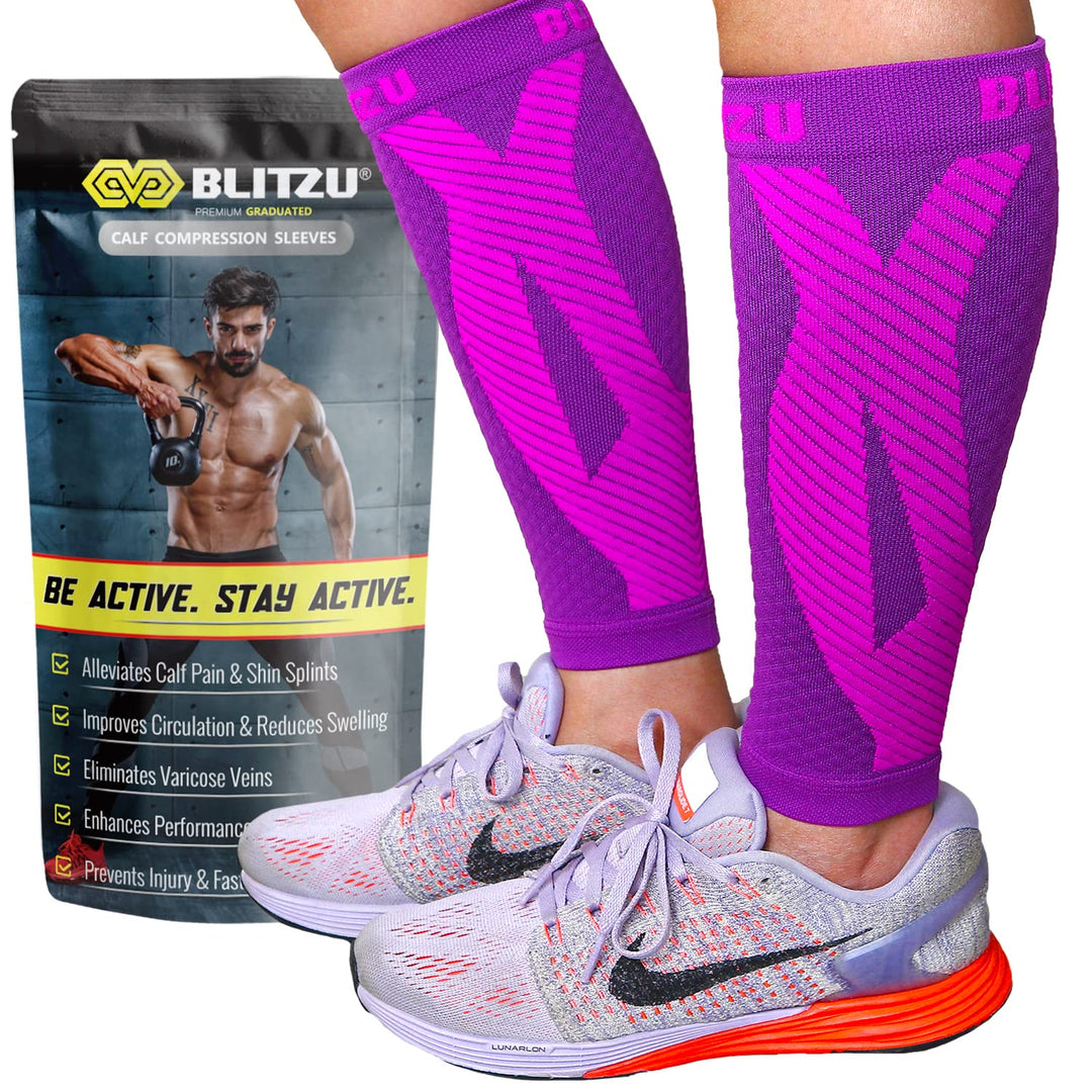 BLITZU Calf Compression Sleeves for Men and Women. Footless Compression Socks Support for Varicose Vein, Nursing, Running. Leg Sleeve Brace for Shin Splints, Pain Relief & Reduces Swelling Purple S-M