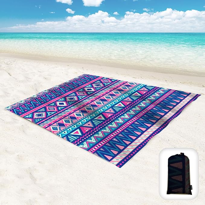 Beach Blanket Waterproof Sandproof Oversized 95”x 80”,Sand Free Beach Mat with Corner Pockets,Portable Mesh Bag for Beach Festival,Picnic,Travel and Outdoor Camping (Boho-Chic)