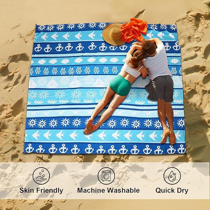 Beach Blanket Waterproof Sandproof, 79" x 83" Extra Large Sand Free Quick Drying Beach Mat, Compact Outdoor Picnic Mat for Travel, Hiking, Camping (Blue Stripes)