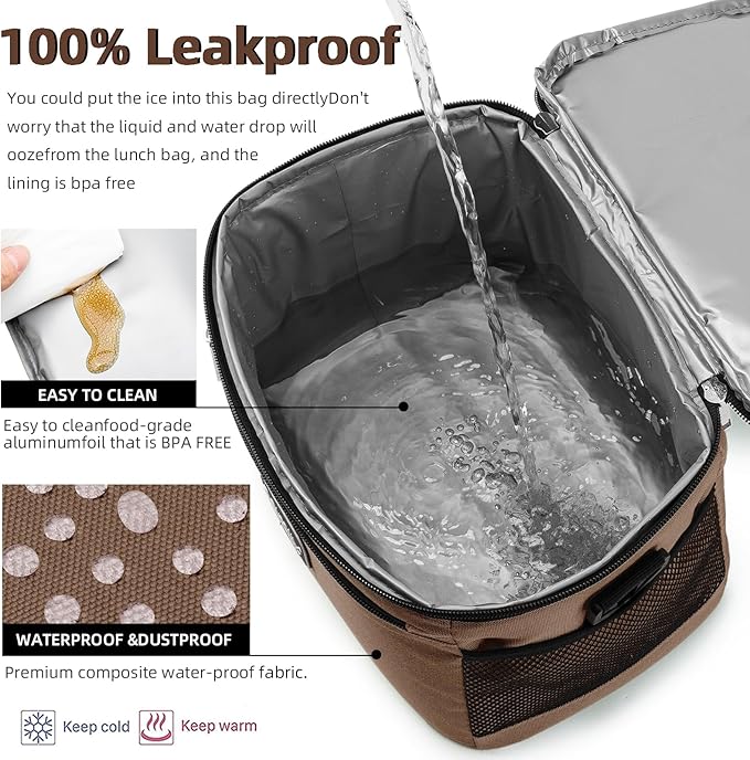 BEIMILY Lunch Bag for Women/Men,Reusable Lunch Box Small Cooler Bag Soft Sided,Leakproof Cooler Bag for Office Work Picnic Beach with Adjustable Shoulder Strap (coffee brown), 2311A