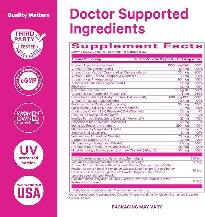 Pink Stork Premium Prenatal Vitamin for Women - Organic Whole-Food Ingredients, Multivitamin & Probiotics - Morning Sickness, Digestion, & Energy - Folate, B6, & Iron - 60 Capsules