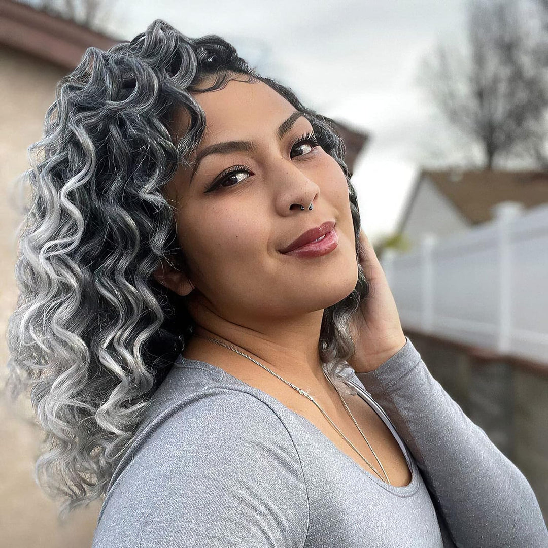 Toyotress Ocean Wave Crochet Hair - 12 Inch 8 Packs Ombre Gray Ocean Wave Braiding Hair, Beach Curl Deep Twist Water Wave Short Curly Synthetic Hair Extensions (12 Inch, T-Gray-8P)
