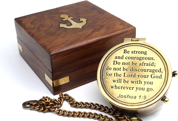 Be Strong and Courageous Do Not Be AfraidAntique Nautical Vintage Directional Magnetic Compass with Famous Scripture Quote Engraved Baptism Gifts with Wooden Case for Loved Ones, Son, Father, Love,