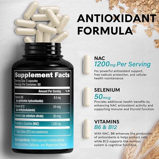 NAC Supplement | Selenium | B6 | B12 - Antioxidant, Immune Support - N Acetyl Cysteine 600 mg per Capsule, 1200 mg per Serving - Made in USA - Non-GMO, Gluten-Free, Vegan - 120 caps, 2 Month Supply