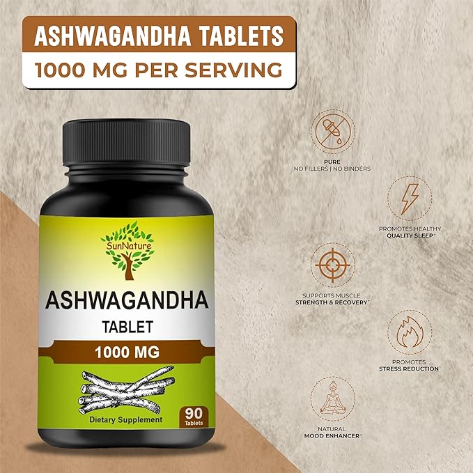 Ashwagandha Tablets, 1000mg | 100% Natural Ashwagandha & Withanolide | Stress Relief Rejuvenates Mind & Body Improves Strength & Energy for Men & Women| 90 Tablets, 45 Days Supply