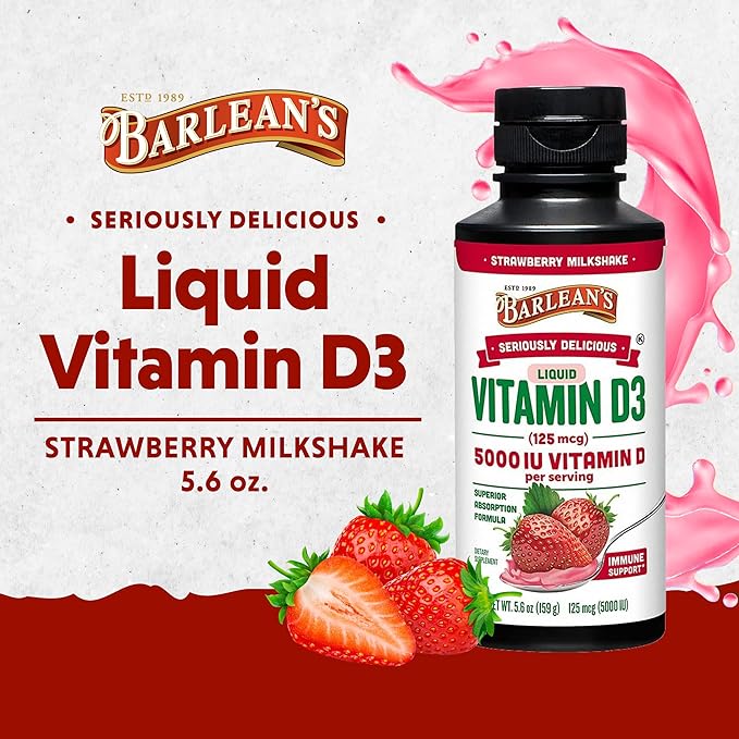 Barlean's Liquid Vitamin D, 5000 IU D3, Strawberry Milkshake Flavored for Kids and Adults, Maximum Absorption, Non-GMO, Gluten-Free - 5.6 oz