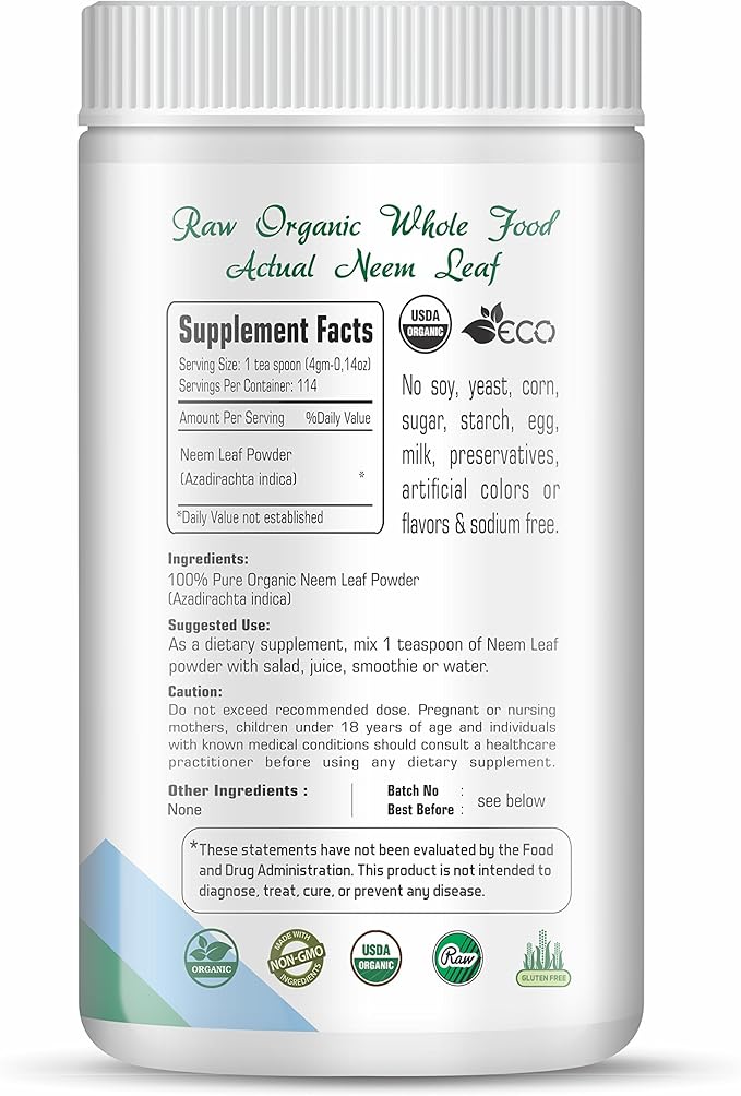 Organic Aura Neem Leaf Powder (Azadirachta Indica). 100% Pure Neem, Raw and Green. USDA Certified Organic Neem for Immune Support, Skin, and Hair. Naturall Source of Antioxidants and Detox.