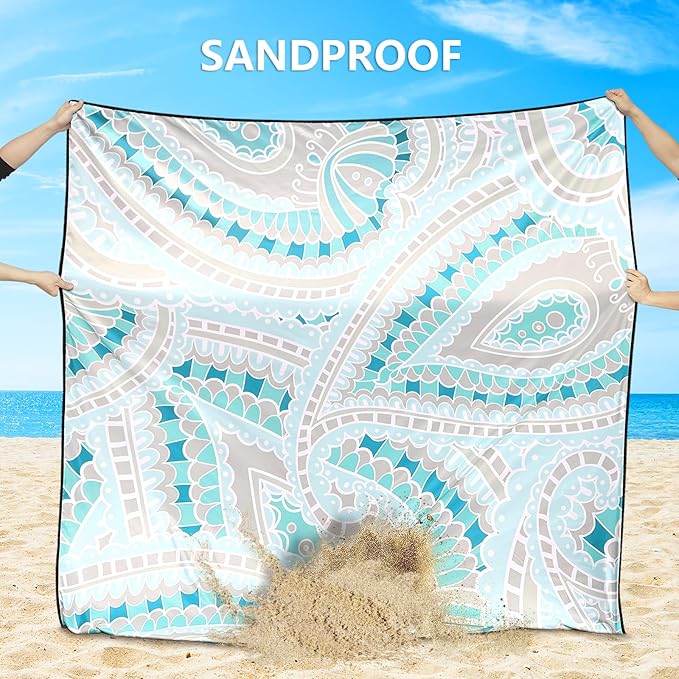 Beach Blanket Sandproof Extra Large Beach Mat Adults Waterproof Quick Drying Sand Free Mat Made by Premium Polyester with 4 Stakes & 4 Corner Pockets for Outdoor Travel Camping Hiking