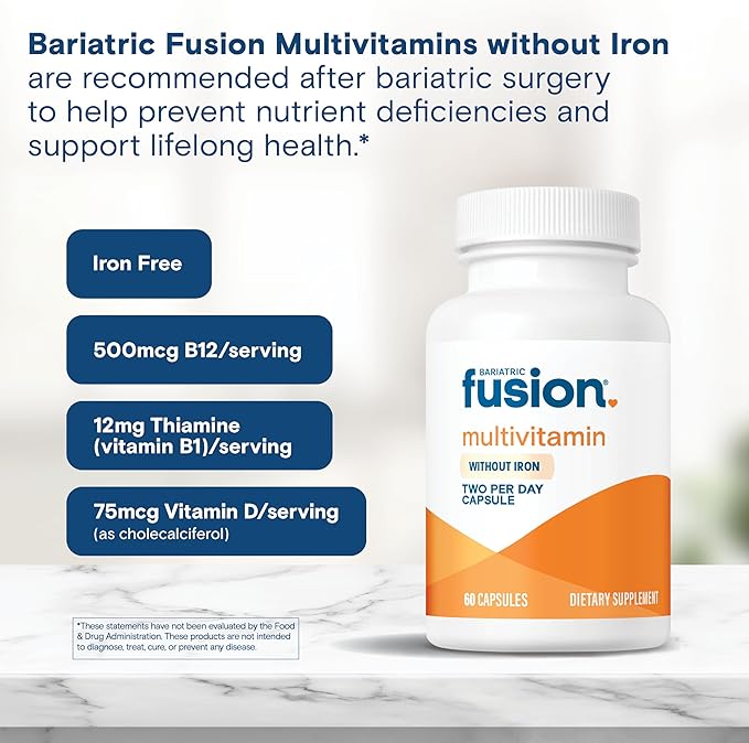 Bariatric Fusion Bariatric Multivitamin Without Iron | Post Bariatric Surgery Patients | Iron Free Bariatric Vitamin for Gastric Bypass and Sleeve Gastrectomy | 60 Capsules | 1 Month Supply