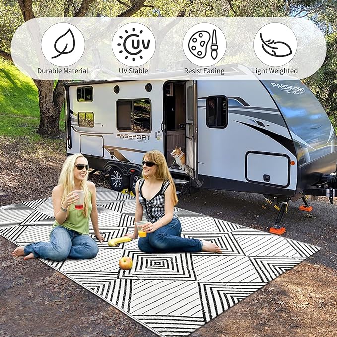 Waterproof Outdoor Rug 5x8ft, Foldable Reversible Plastic Straw Mat for Patio RV Deck Porch Backyard Balcony Camping Picnic Beach Indoor Outdoor Carpet, Black&White
