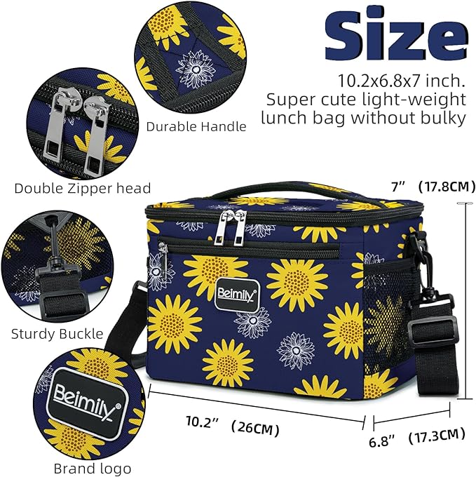BEIMILY Lunch Bag for Women/Men,Reusable Lunch Box Small Cooler Bag Soft Sided,Leakproof Cooler Bag for Office Work Picnic Beach with Adjustable Shoulder Strap (sunflower), 2311A